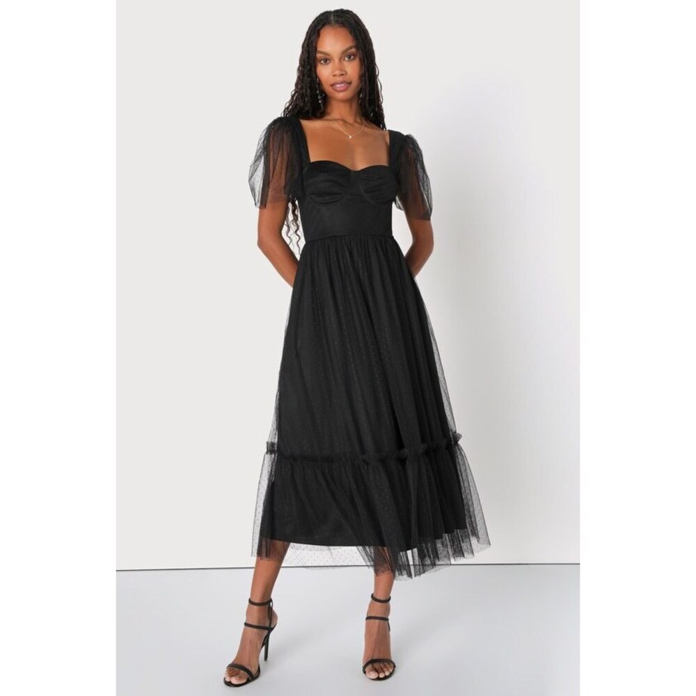 Lulus Dreamy Celebration Black Tulle Bustier Swiss Dot Midi Dress - Size L